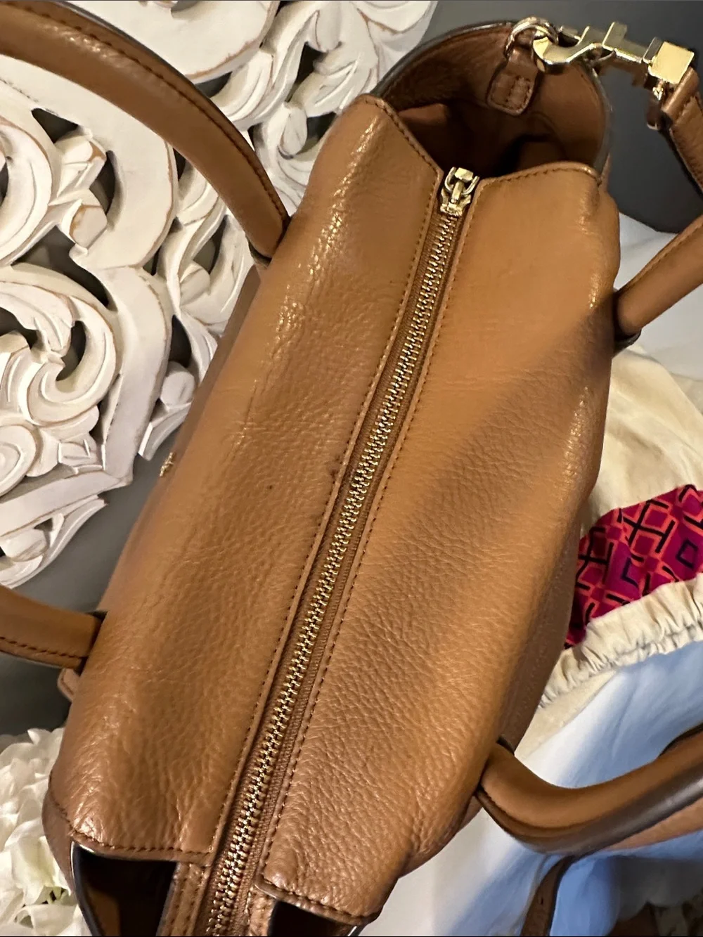 Tory Burch Tan Pebbled Leather Satchel with Front Pocket